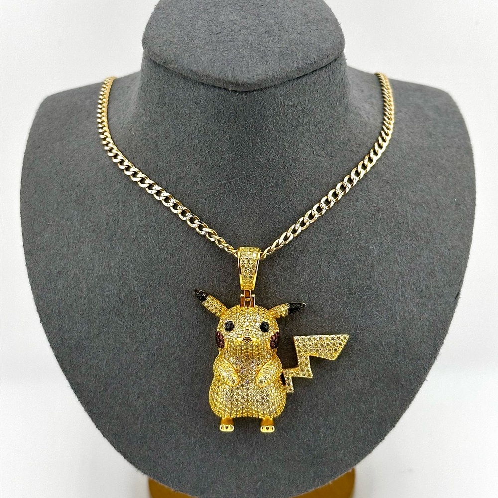 18K Gold Plated Over 925 Sterling Silver 3D round Cut Pokémon Pikachu Necklace